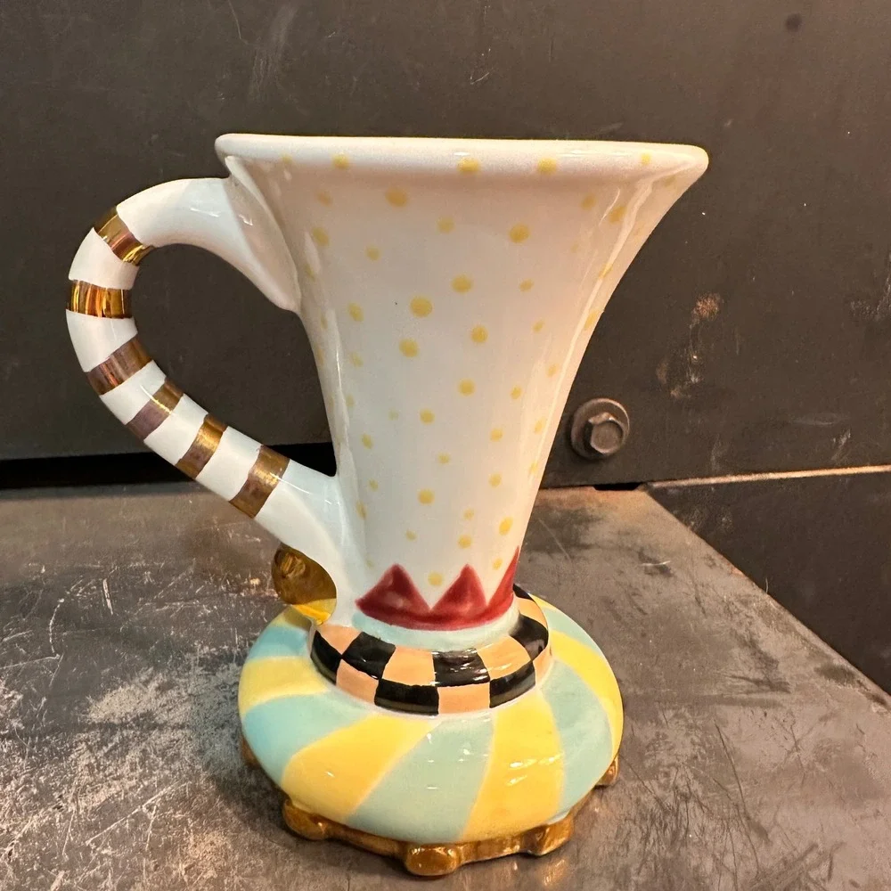Whimsical Teapot Mug Set Harlequin Polka Dot Striped MacKenzie Childs Style Tea
